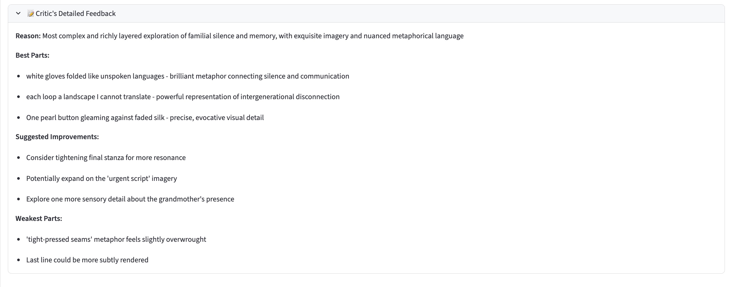 Critic feedback view